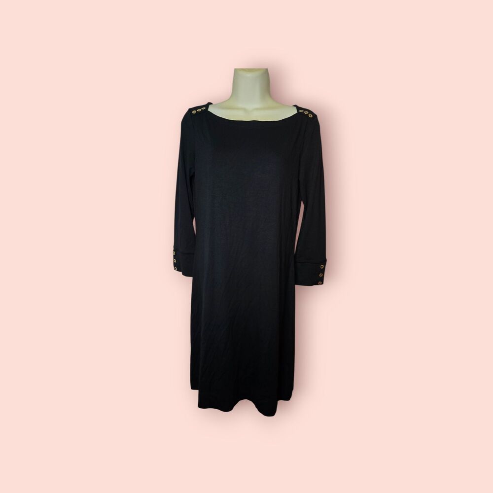 Lilly Pulitzer Sophie Dress Black Boat Neck Gold Button Shift Dress Small Preppy